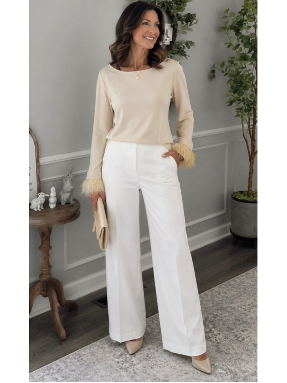 Women's J.Crew Long Sleeve Tee with Feather Cuffs, XS Beige